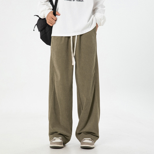 Unstructured pleated design corduroy casual pants, spring new item, retro texture straight-leg loose long pants.