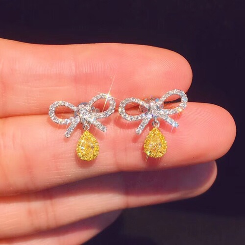Live supply light luxury temperament bow pink diamond earrings luxury group inlaid water drop color diamond yellow zircon earrings