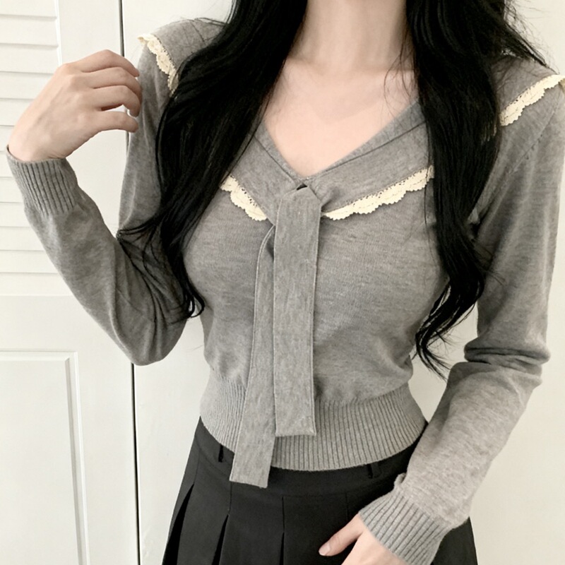 Dongguan Dalang Textile Factory Autumn and Winter Lace Navy Collar Strap Sweater Women's Autumn Korean Style Slim Long Sleeve Wholesale Price