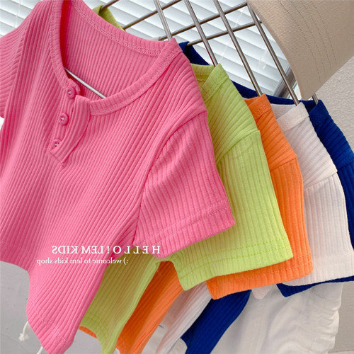 Summer Girls' Clothing Short Sleeve T-Shirt Baby Stylish Children's Personality Trend Brand Korean Version Candy Color Striped Fashion Top