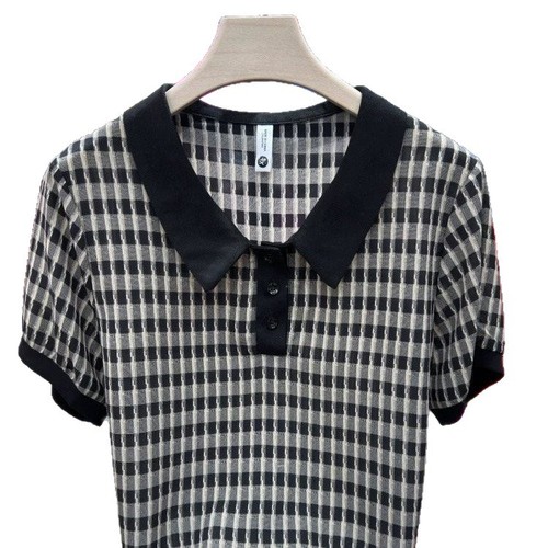 2025 Summer Trendy Stylish Versatile Charming Collar Grid Slim Fit Short Sleeve Top