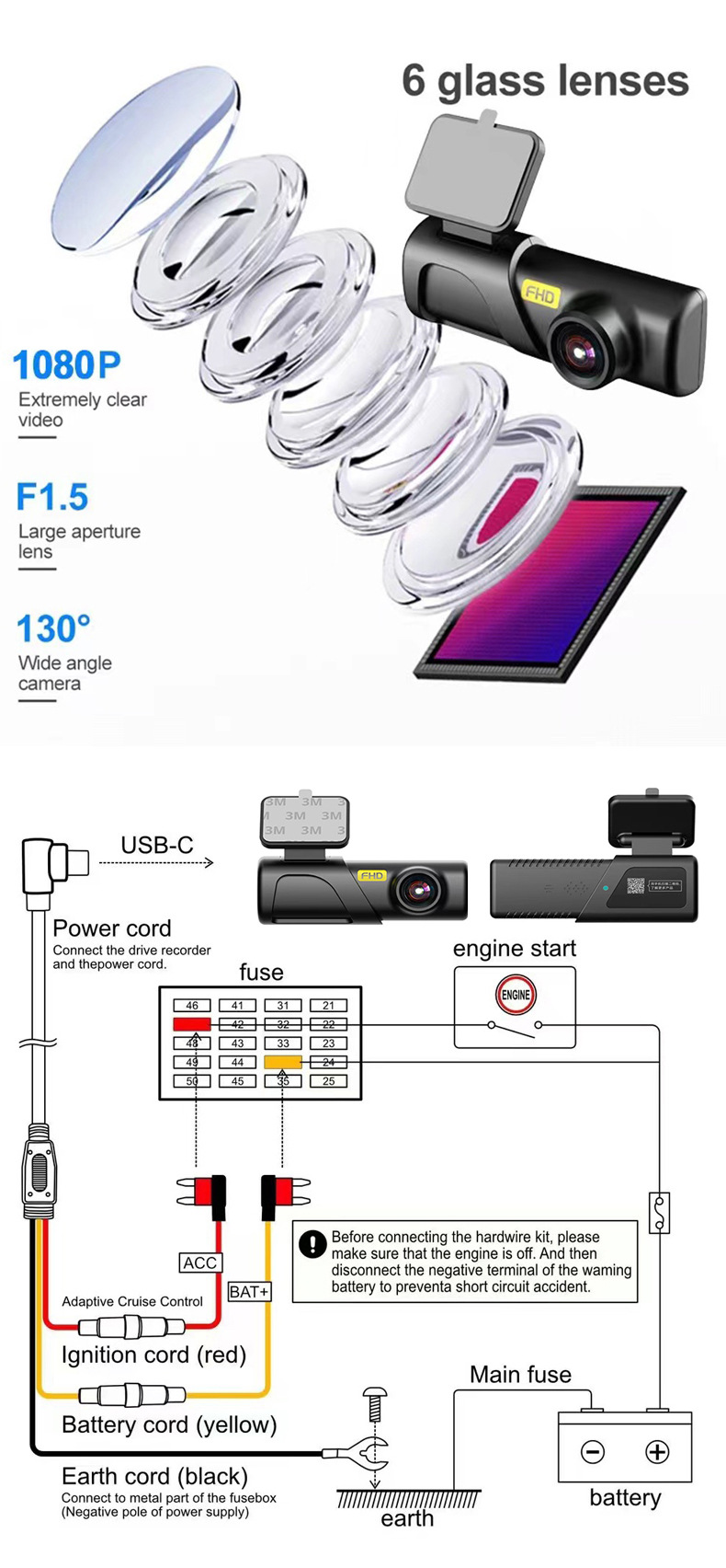 Hot-Selling Foreign Trade Model 1080P Mobile Phone Wifi-Connected High-Definition Dash Cam with 24H Parking Monitoring