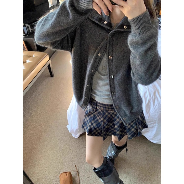 外贸原单高级感高领红色毛衣外套女秋冬慵懒风软糯宽松针织开衫|undefined