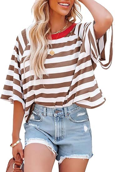 Verano nuevo 2025 transfronterizo Europa y América Amazon rayas de manga corta camiseta de cuello redondo casual suelta camiseta de mujer