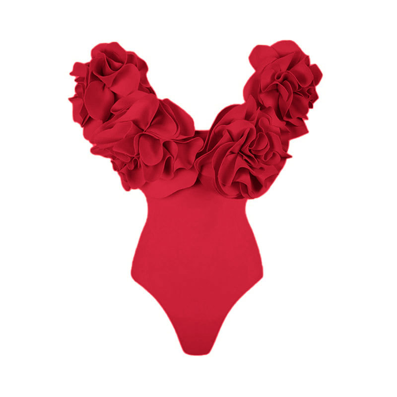 GraceChic 3D Floral Strapless High-End Solid Color One-Piece Swimsuit Set For Women 2024 European And American New Swimwear_voghion.com