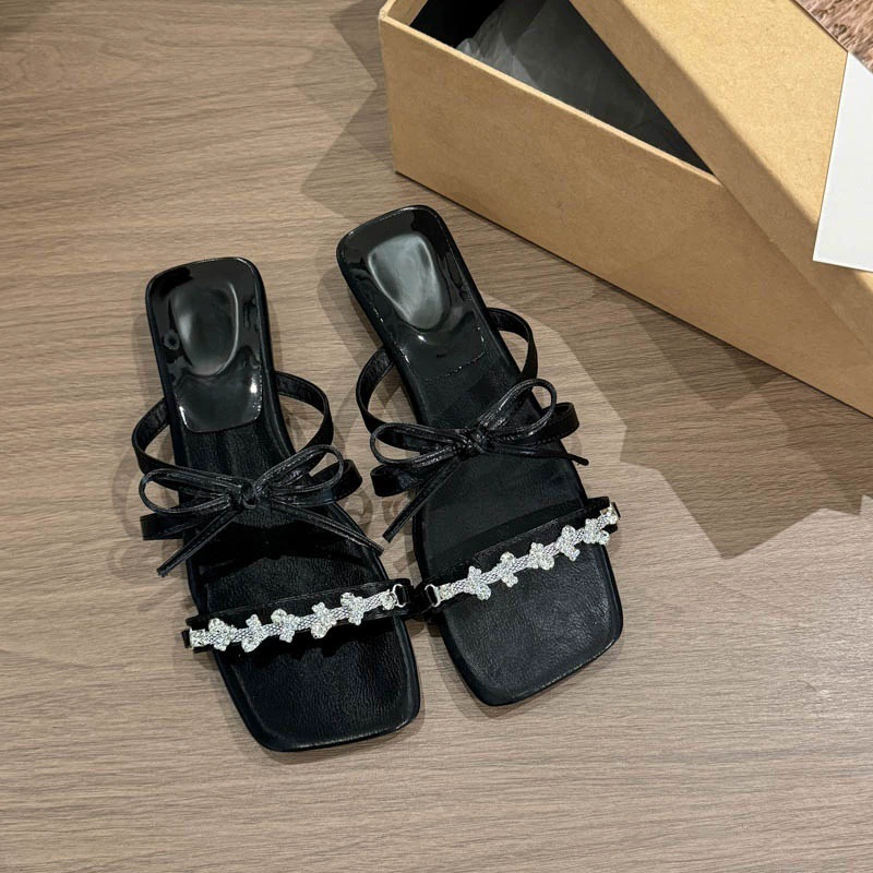 Женские летние босоножки с черным бантом и стразами, французский стиль, 2024, новые, в стиле феи, красивые плоские босоножки