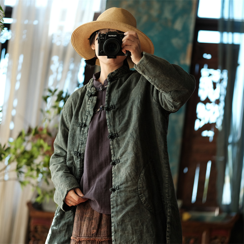 秋季落古泥水洗苎麻中式立领盘扣文艺宽松棉衣外套2123暗绿