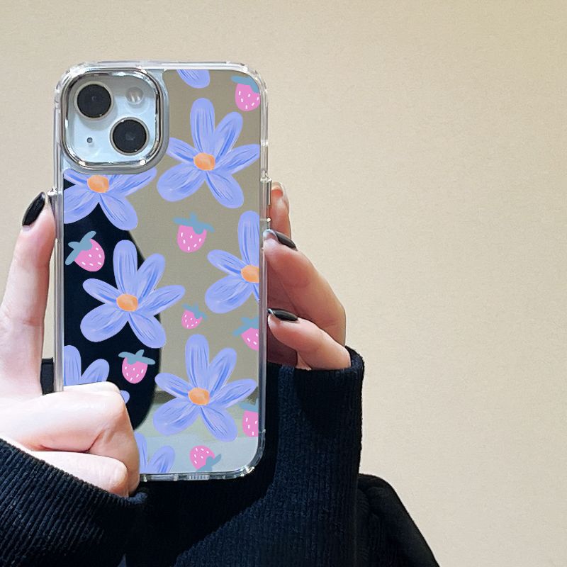 Strawberry Flower Mirror Case Suitable for iPhone 17 Pro Max, 16 Pro, Niche 14, Apple 13 Full Coverage, 15