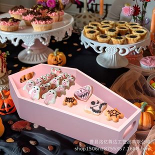 New Halloween Decorative Wooden Tray Coffin Shape Solid Wood Tray Halloween Irregular Wooden Candy Tray