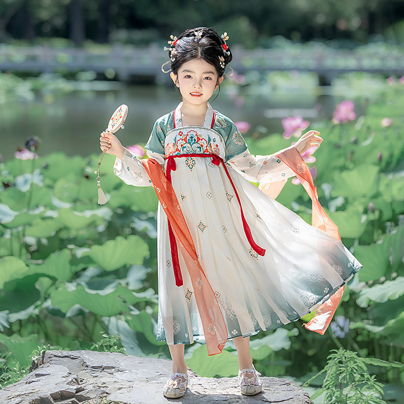女童秋季汉服连衣裙儿童表演服飘带仙女宝宝公主裙古风民族表演服|undefined