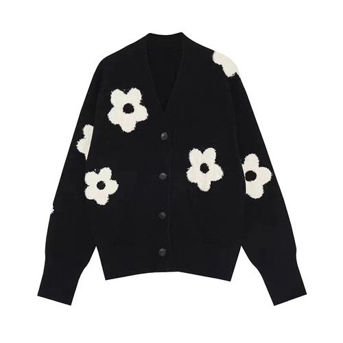 European and American autumn new style V-neck three-dimensional floral lazy slimming floral knit cardigan sweater coat for women