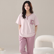 春夏季新款爽棉拉架女士短袖长裤套头睡衣运动休闲女家居服图片色