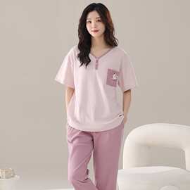春夏季新款爽棉拉架女士短袖长裤套头睡衣运动休闲女家居服图片色
