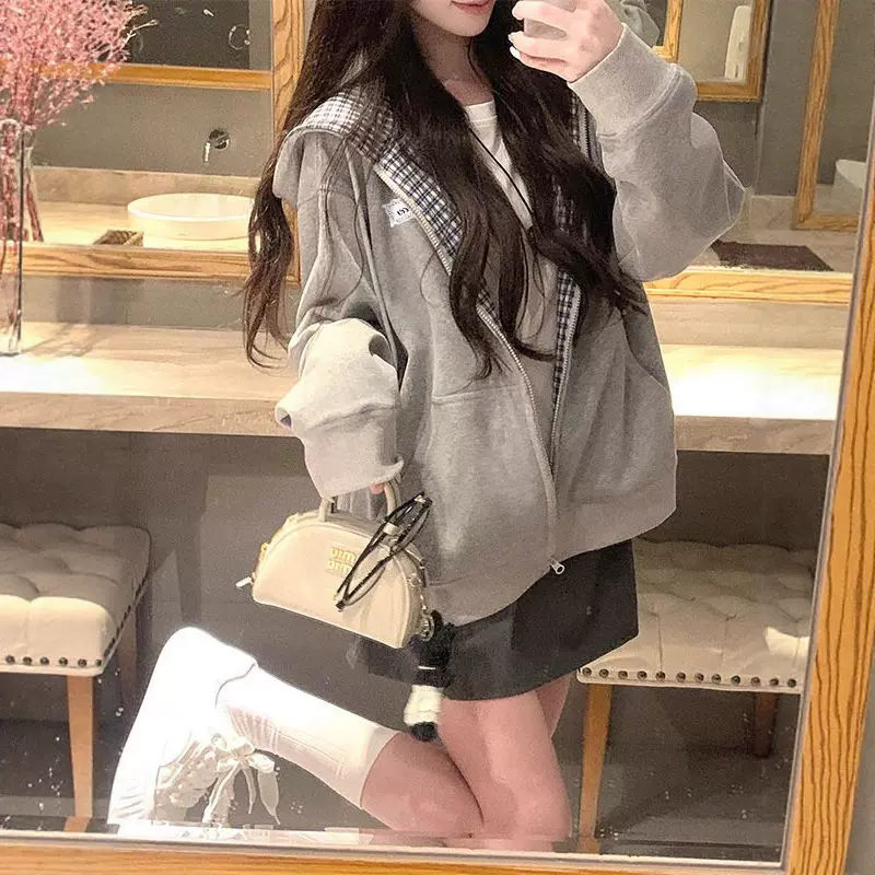 美式复古宽松慵懒设计感卫衣女秋季薄款拉链开衫外套新款连帽上衣