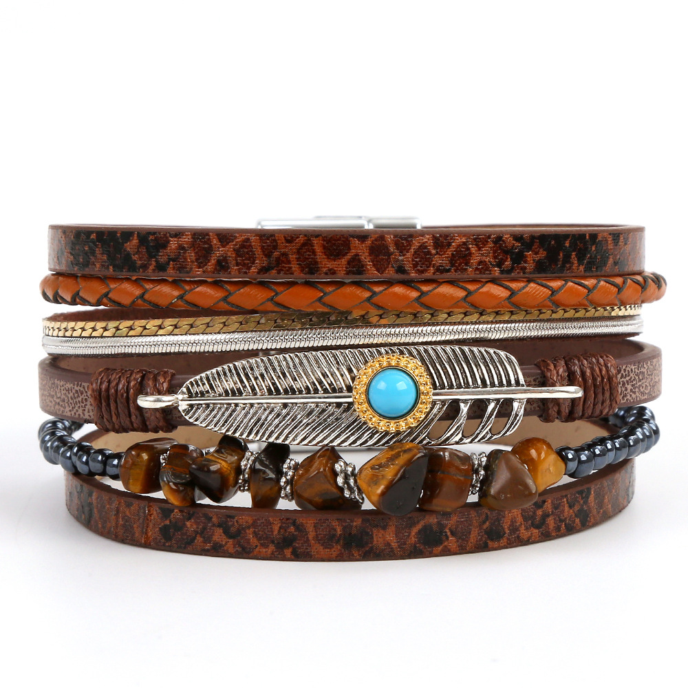 Leather Beaded Bracelet With Boho Feather And Turquoise Charm_voghion.com
