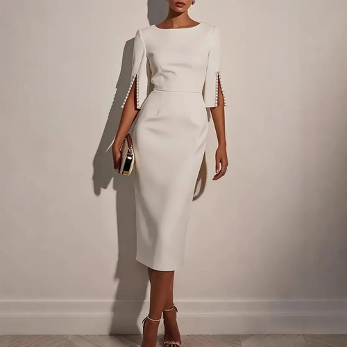 2025 new European and American Amazon cross-border spring and summer solid color commuting beaded slim dress for women