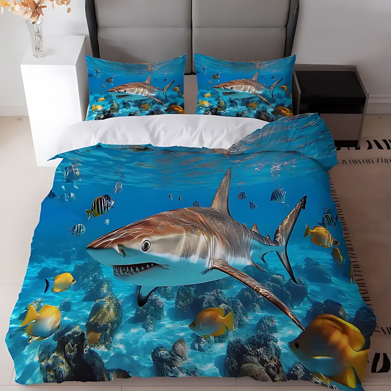 TEMU / JIT transfronterizo impresión de tiburón 3D impresión digital de alta definición colcha de cama kit para dibujar