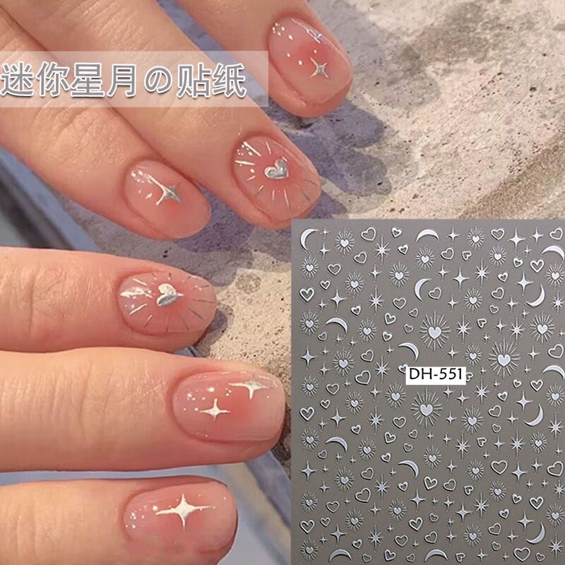 Nail Art Stickers Hot Stamping Heart Star and Moon Geometric Pattern 3D Waterproof Silver Crescent Star Stickers Nail Art Decorations
