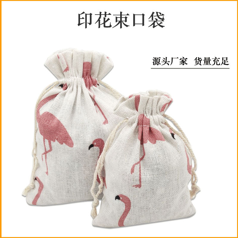 White background flamingo print cotton bag herbal spice packaging bag drawstring closure candy gift storage small cloth bag