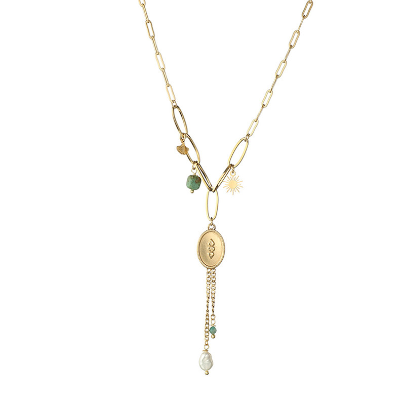 Fashion Oval Stainless Steel Beaded Tassel Plating Pendant Necklace 1 Piece