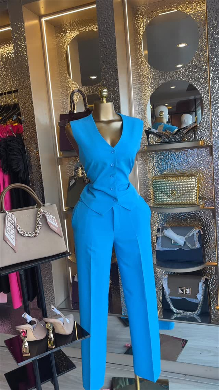 Women's V-neck Button-down Vest And Wide-leg Trouser Suit Set_voghion.com
