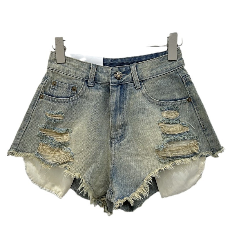 Pantalones Cortos de Mezclilla con Agujeros Rotos y Borde Deshilachado para Verano