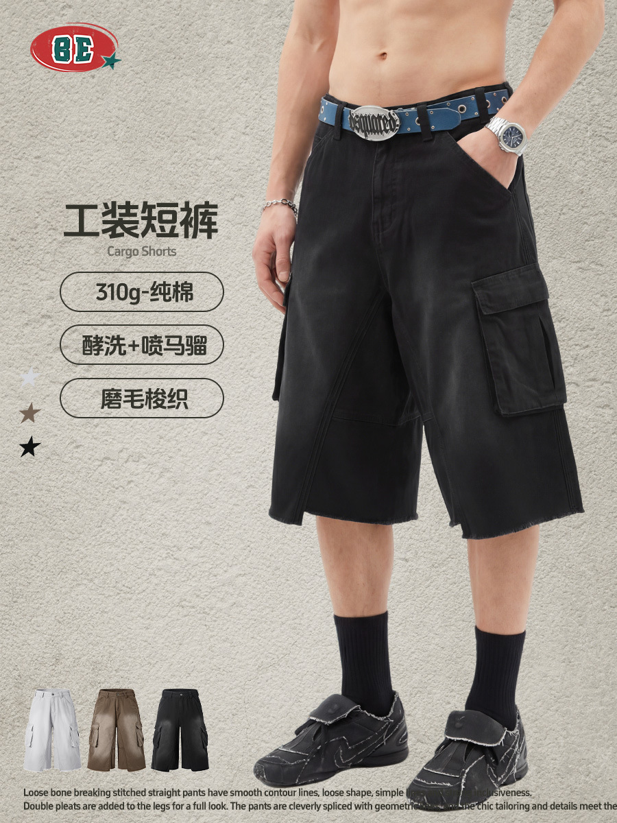 BE ropa de hombre de verano estilo americano de moda callejera multibolsillo pantalones cortos retro lavado con agua hacer viejos pantalones de trabajo sueltos para hombres