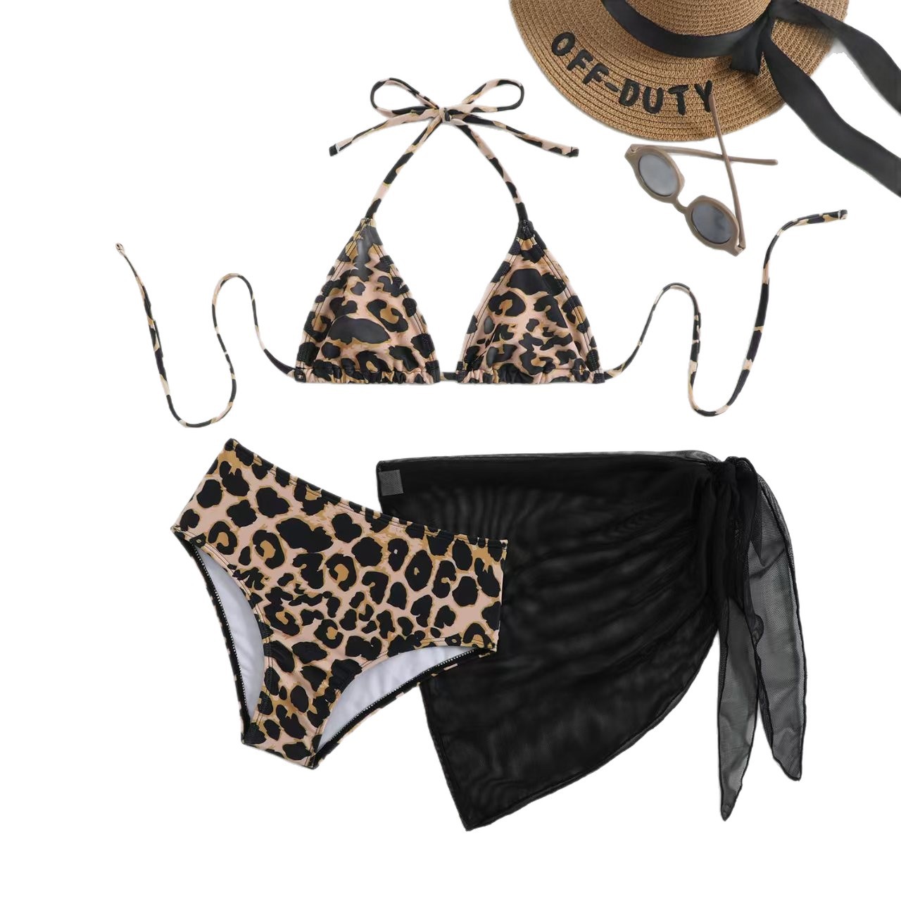 Leopard Print Three Piece Swimsuit Set Thin Strap Bikini Fashionable Style For Middle-Aged Children_voghion.com