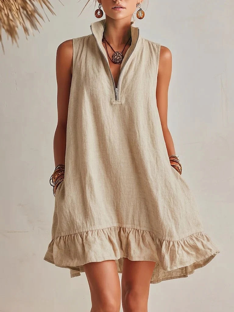 Women's Clothing Women's Solid Color Sleeveless V Neck Dress Cotton Linen Spring Summer For Formal & Casual For Women_ecoleips.com