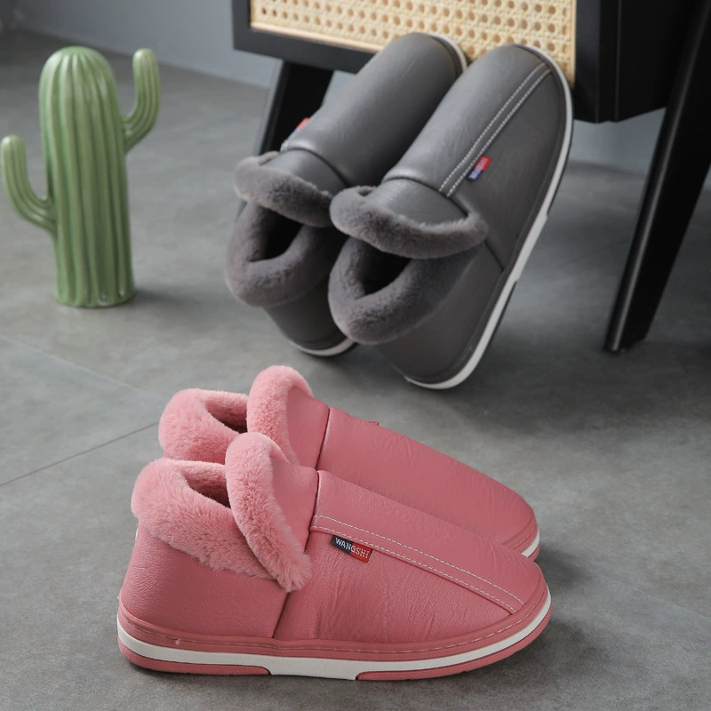 Зимние Нескользящие мужские тапочки из искусственной кожи, домашние и уличные домашние тапочки на толстой подошве, все включено, теплая Женская непромокаемая хлопковая обувь