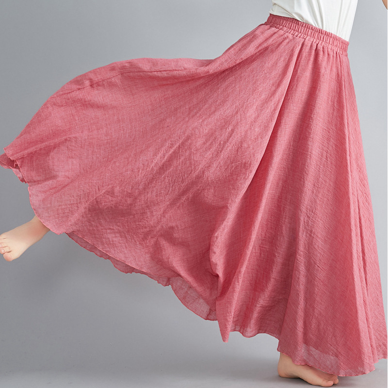 2026 Summer Linen Patchwork A-Line Long Skirt Urban Casual Solid Color Cotton-Linen Skirt