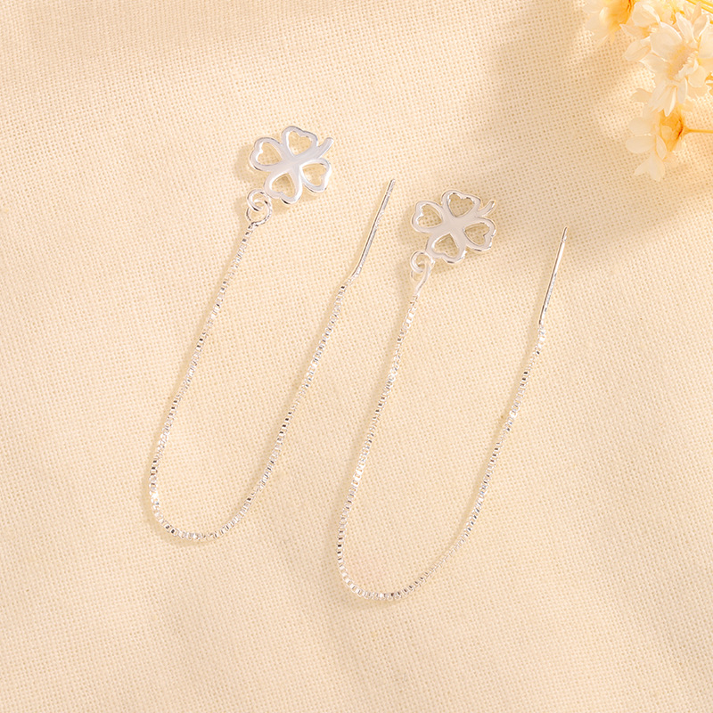 Four-leaf clover earring for women, S925 silver-plated, elegant and fresh, long fringe, daily commuting earrings