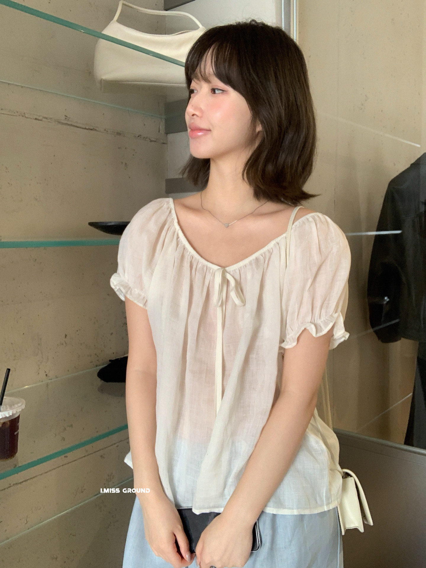 Áo sơ mi nữ tay bồng dây rút chất liệu ramie phong cách Pháp — xanh đậm, màu hồng, Xanh nước, ngọc trai trắng chi tiết 12