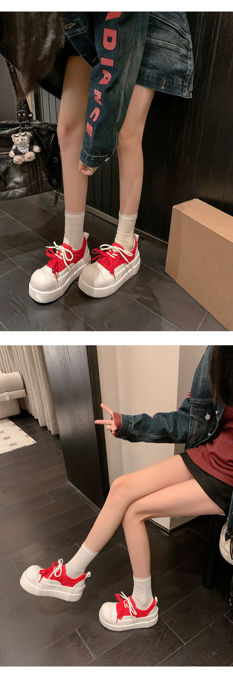 Giày sneaker nữ chunky đế dày mũi tròn phối màu dây buộc cổ sâu — màu trắng, màu đỏ chi tiết 11