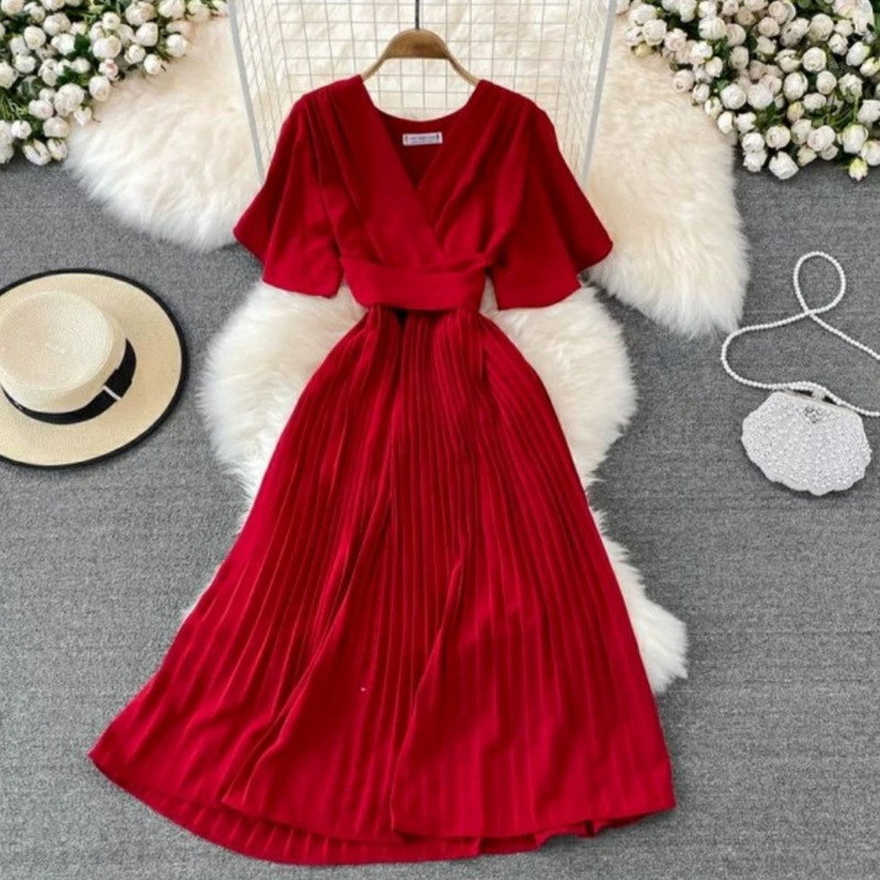 Summer new V-neck short sleeve dress over-the-knee slim pleated elegant lady waist lace-up large swing midi dress Summer new V-neck short sleeve dress over-the-knee slim pleated elegant lady waist lace-up large swing midi dress