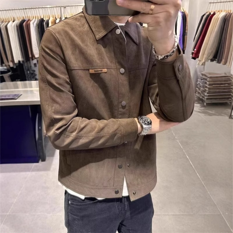 Men's Suede Jacket Turn-down Collar Slim Fit Casual Coat_voghion.com