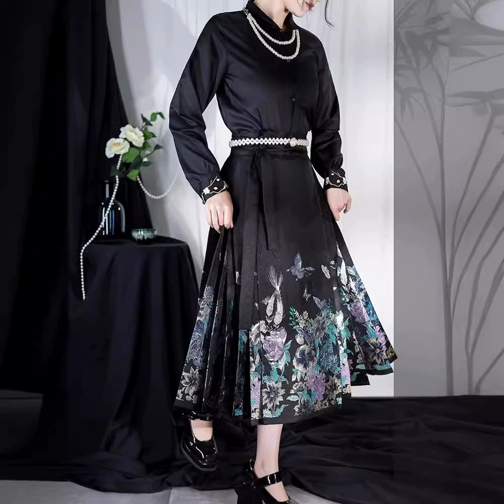 Женская рубашка ханьфу [цветок шаг за шагом], укороченное черное платье-жилет с принтом мин ханьфу, повседневный Улучшенный весенне-летний стиль