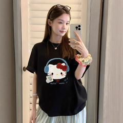 黒の漫画猫プリント半袖コットン Tシャツ女性のための 2025 夏の新しいホットスタイルルーズ半袖トップ