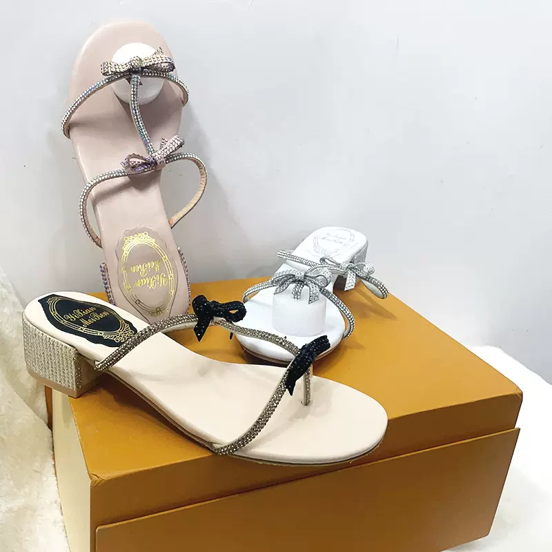 2025新款仙女水钻凉鞋夏季新款网红爆款蝴蝶结T字带夹趾高跟凉鞋
