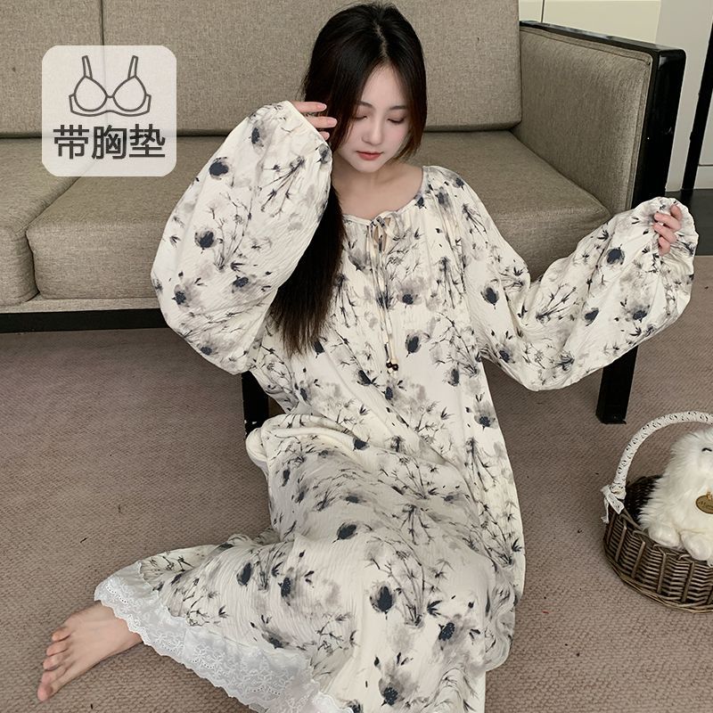 Al por mayor transfronterizo otoño nuevo pijama de mujer corbata redonda fija cojín de pecho pijama de algodón de manga larga nubes se puede usar fuera