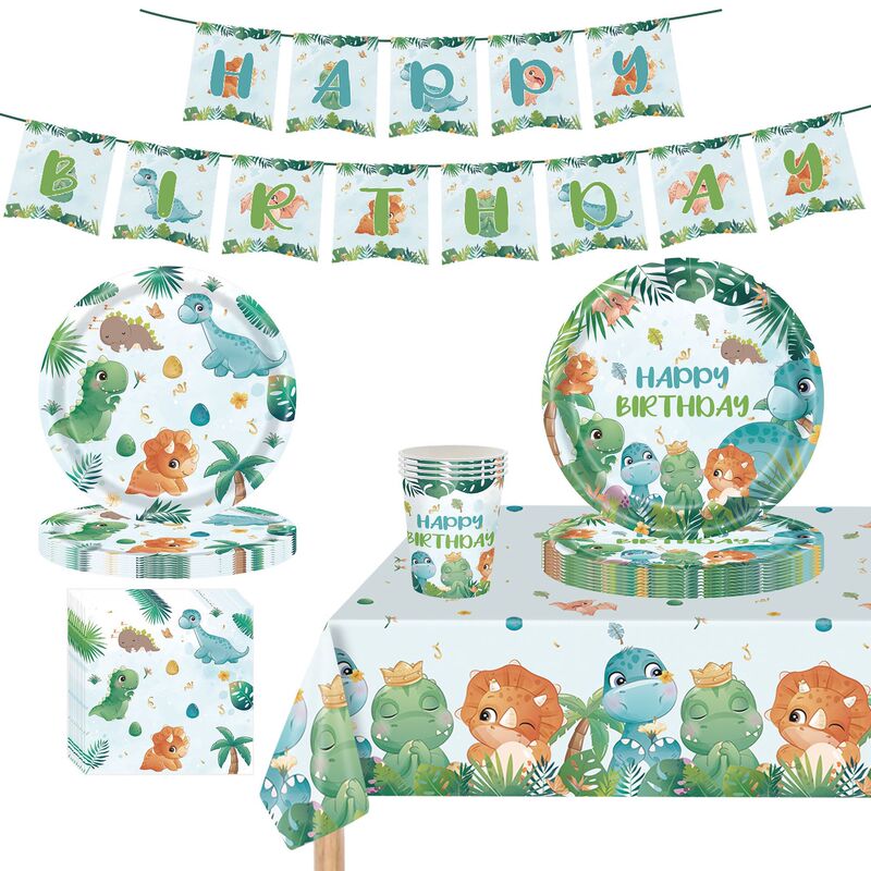 New Watercolor Dinosaur Paper Cup Paper Tray Children's Birthday Party Tableware Set Disposable PE Tablecloth Scene Decoration