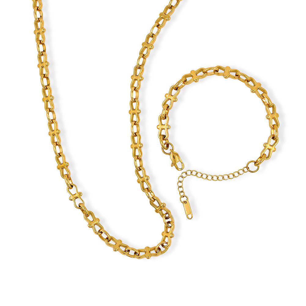 26g Weight PVD Coated Gold Plating Process 18K Gold, Real Gold Plated Plating Material Chain Bracelet, Necklace Classification Handmade Chain Chain Type Necklace + Jewelry Quantity Holiday, Daily Occasion 304 Stainless Steel Material Solid Color Pattern 2025 Spring and Summer Season Women's Gender Hip-Hop, Retro Style Waterproof Non Tarnish Craft PVD Coated 18K Gold Real Gold Plated Solid Color 304 Stainless Steel Hip-Hop Retro Waterproof Non Tarnish Chain Bracelet Necklace 33
