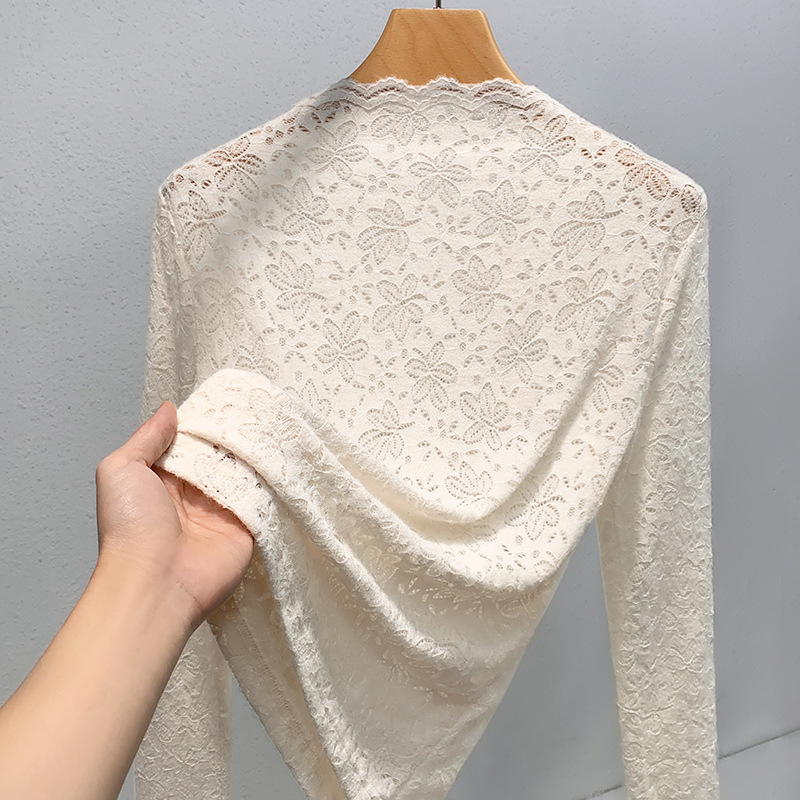 Small High Neck Apricot Lace Base Shirt Spring and Autumn 2024 New Women's Fashionable Stylish Inner Hook Flower Hollow Shirt