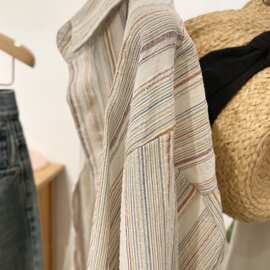 美哭～日杂风慵懒复古彩色细条纹衬衫女2024宽松韩版长袖防晒衬衣