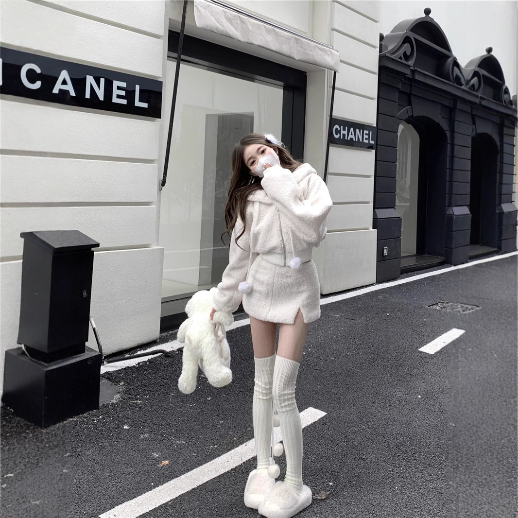 新款秋冬仿羊羔毛纯欲风开衫外套两件套女高腰半身裙套装短裙