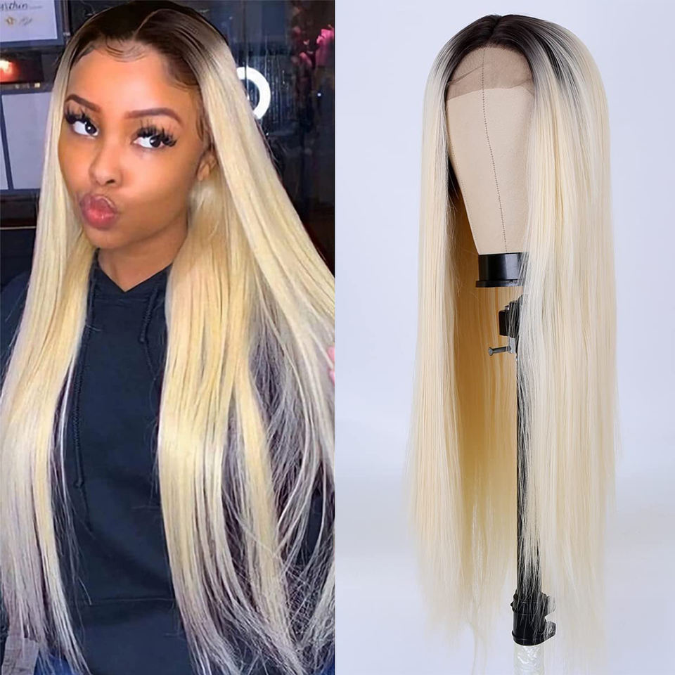 Europeo y americano transfronterizo Amazon peluca 13*4t medio-longitud de encaje frontal marrón largo pelo recto fibra química tocados pelucas de encaje