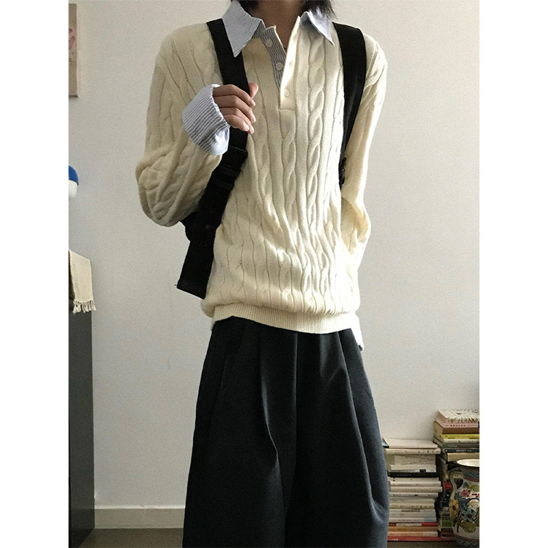 绞花假两件拼接条纹亨利领毛衣男款秋季慵懒高级感cleanfit针织衫|undefined