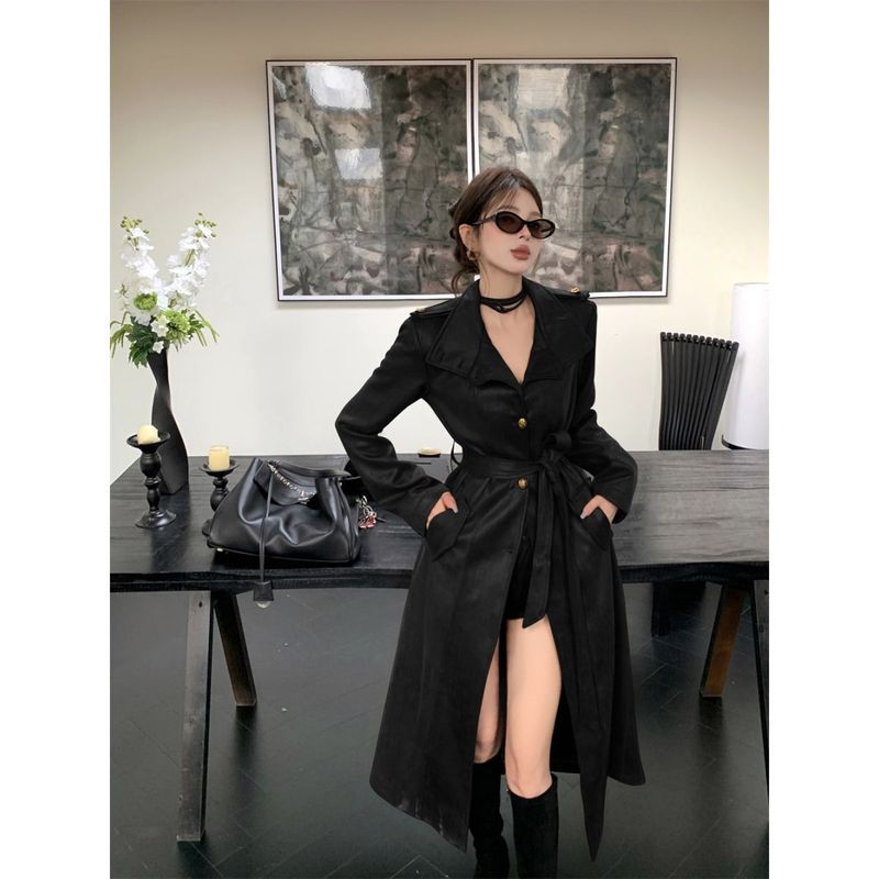 2025秋冬新款时尚高级感立领宽松长款皮衣系带宽松绑带风衣外套女|undefined