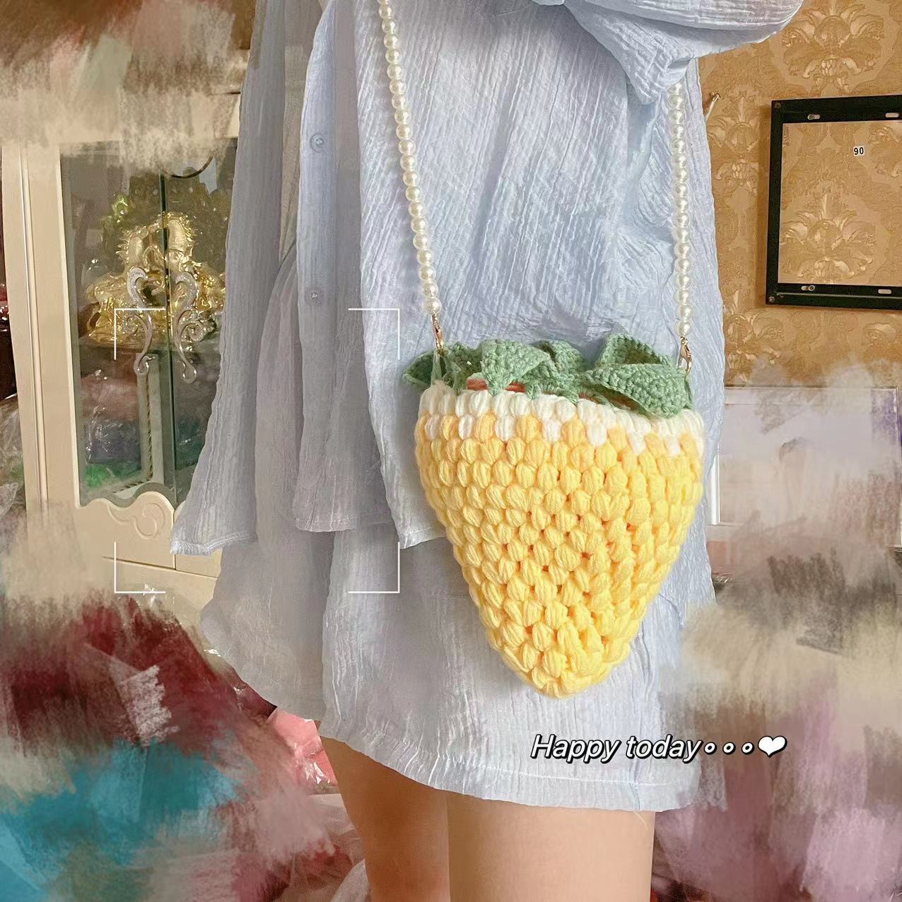 노란색 그레이드 딸기 가방 (소재 가방) 소재 크로스 바디 진주 체인