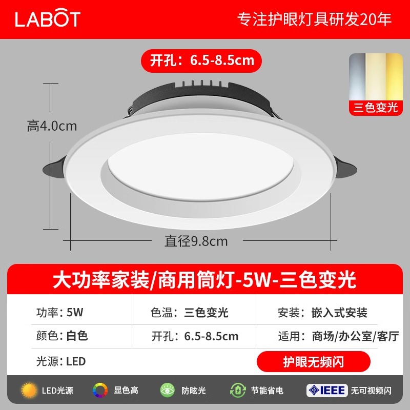 2.5inch white 5-watt three-color light opening 65-85mm home decoration/commercial model